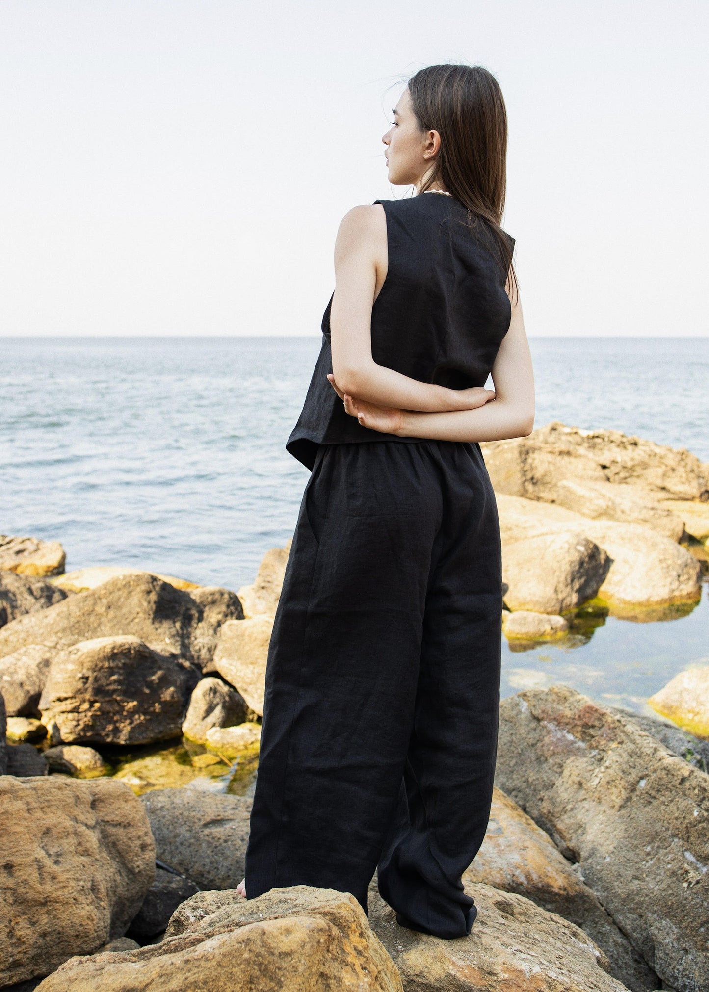 BUTTON FRONT VEST SET///BLACK